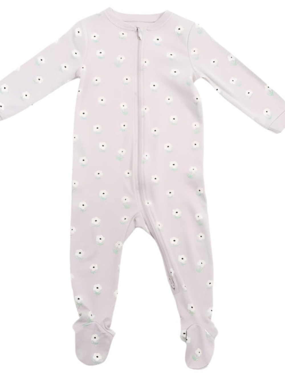 🌸 Baby Girl Floral Footed One-Piece - Light Gray with White Flowers